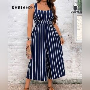 Navy Blue Striped Wide Leg Crop Jumpsuit